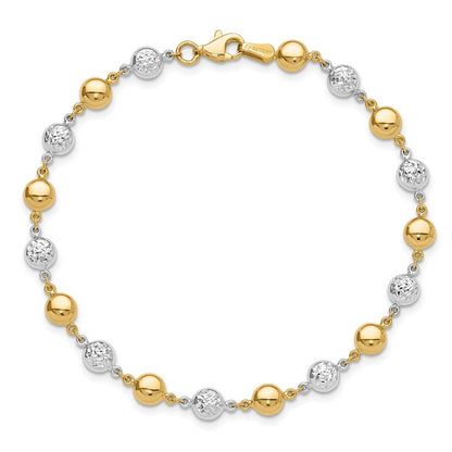 14K Bicolor Gold Bicolor Poliert und Diamantiert Gewölbt Perlen 7.75 Zoll Armband