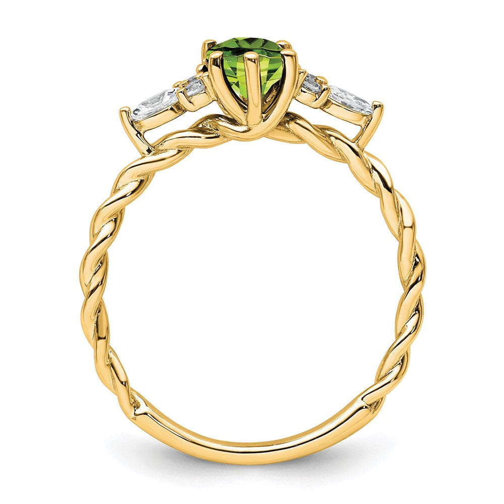 14K Gelbgold Ring mit Diamant und 7x5 ovalem August-/Peridot-Stein, Größe 7, gedreht