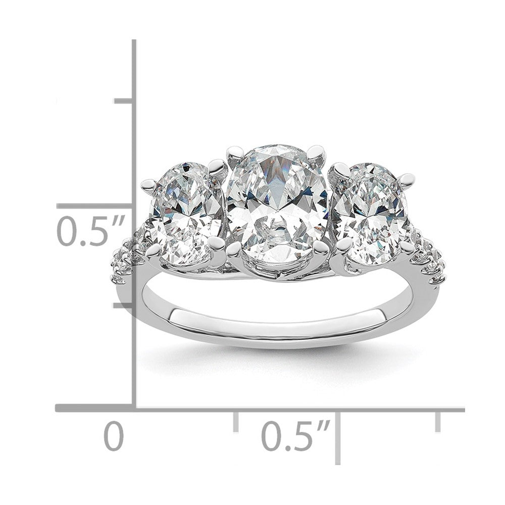 14K Weißgold Verlobungsring mit 2,75 ct. Labor-Diamant VS+ F+ im Oval-Schliff, Three-Stone-Design, komplett