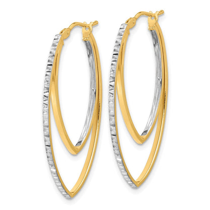 14K Gelbgold Poliert und Rhodium Diamantiert V Form Creolen