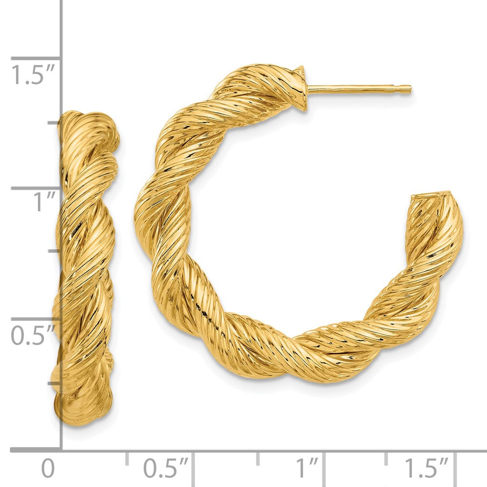 14K Gelbgold Poliert und Strukturiert Gedreht Stecker Creolen