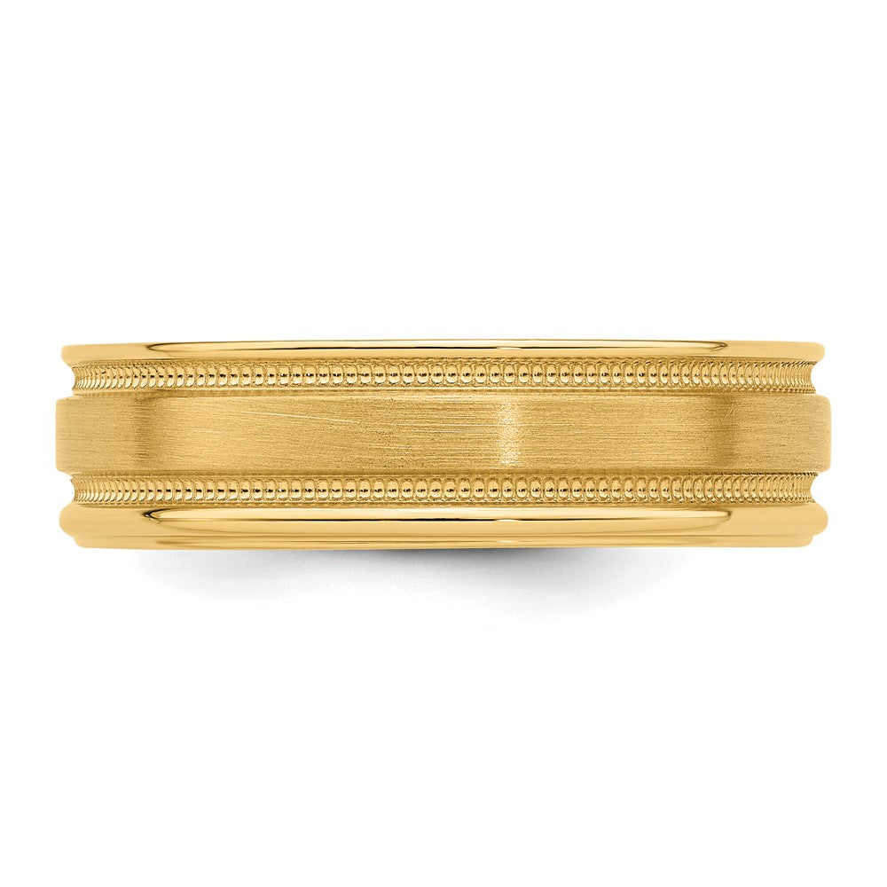 14K Gelbgold 6 mm Standardgewicht Komfort-Passform gebürstet satiniert/poliert Milgrain gerillte Kante Ehering