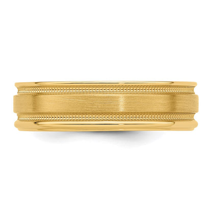 14K Gelbgold 6 mm Standardgewicht Komfort-Passform gebürstet satiniert/poliert Milgrain gerillte Kante Ehering