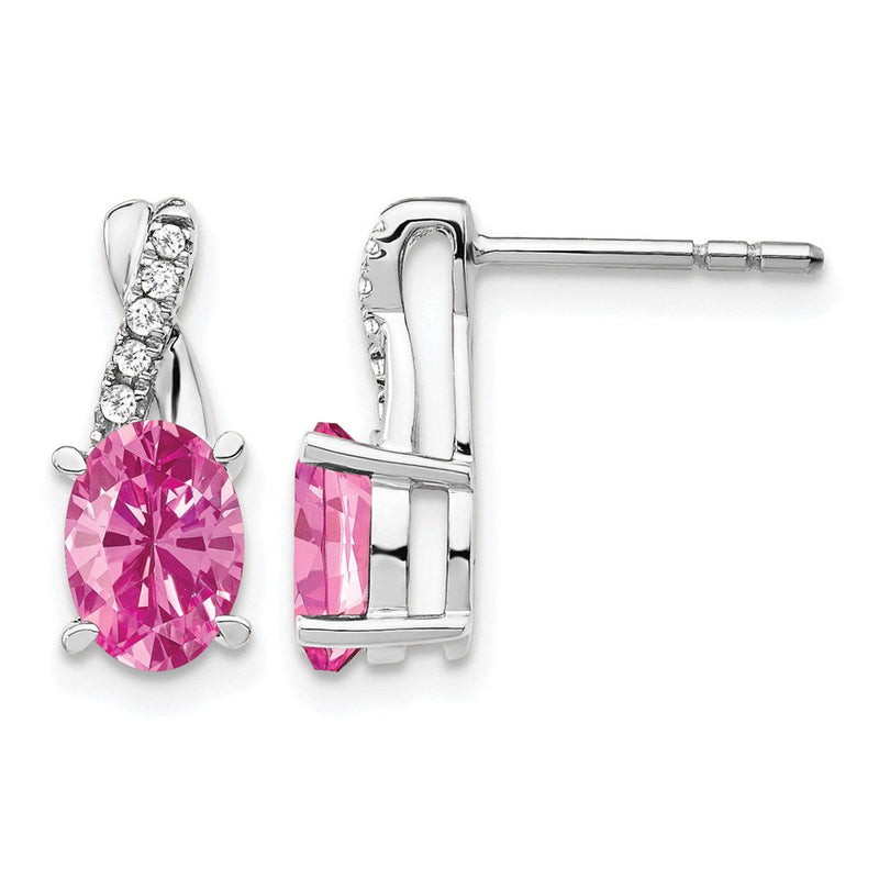 14K Weißgold Ohrringe mit ovalem 7x5 mm Oktober/Labor gezüchtetem Pink-Saphir und Diamant