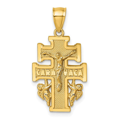14K Gelbgold polierter und strukturierter Cara-Vaca-Kruzifix-Anhänger