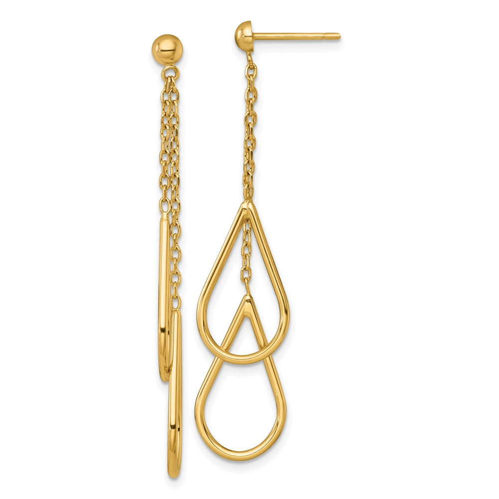 14K Gelbgold Poliert Zwei Teardrops und Kette Hängend Ohrstecker