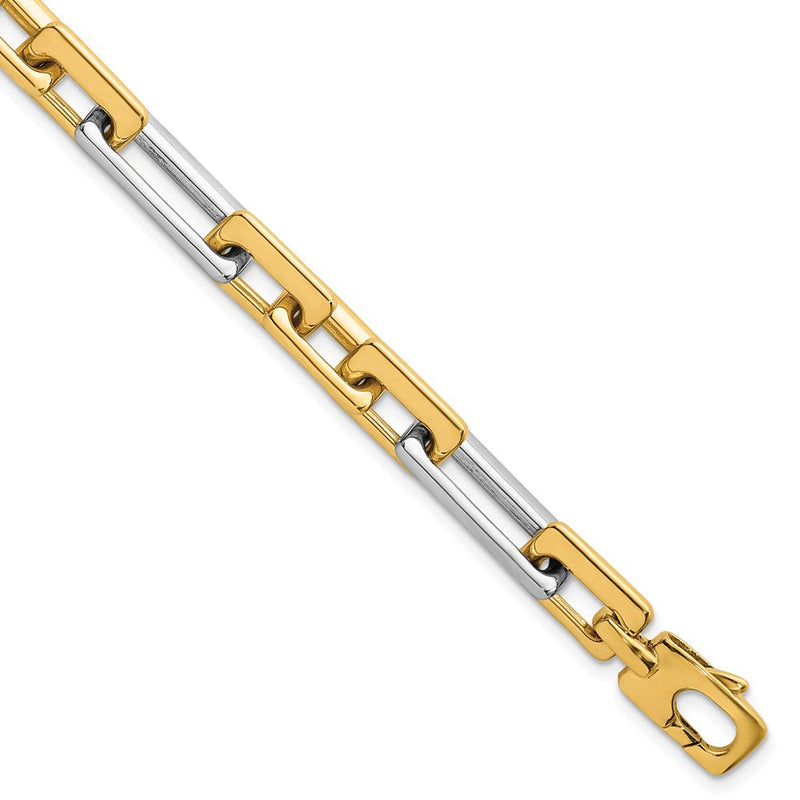 14K Bicolor Gold Bicolor Poliert 8mm Fantasie Quadratisch und Rechteck Figaro 7.25 Zoll Armband
