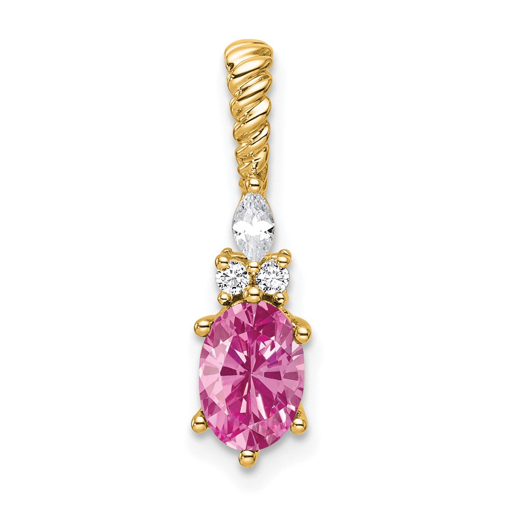 14K Gelbgold Diamant und 7x5 Oval October/im Labor Erzeugt Rosa Saphir Gedreht Kette Anhänger