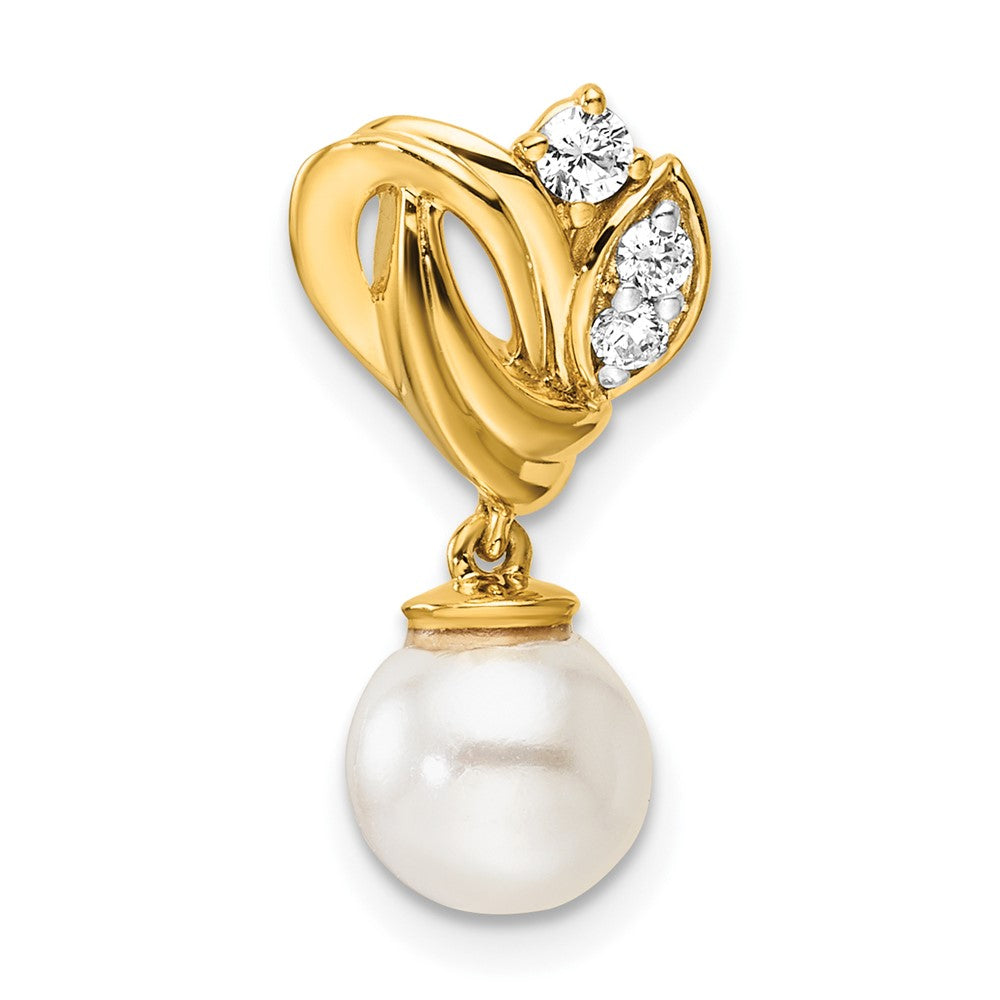 14K Gelbgold Poliert 1/10 Karat Diamant und Süßwasser Zuchtperle Kette Anhänger