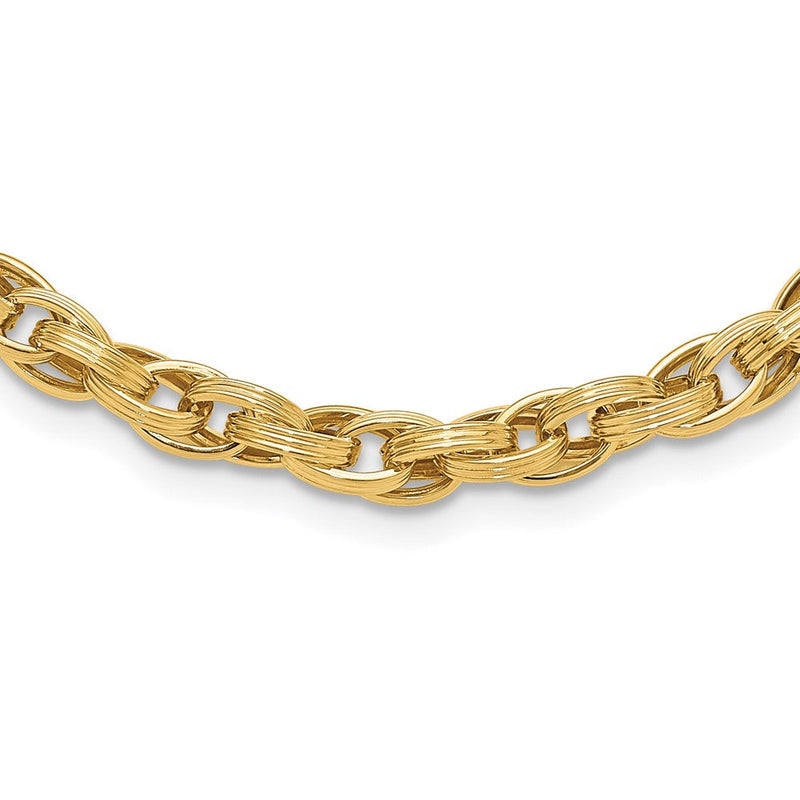 14K Gelbgold Poliert und Gerillt 6mm Fantasie Oval Glieder 18 Zoll Halskette