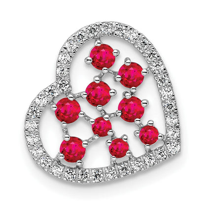 14K Weißgold Poliert Diamant und Rubin Herz Kette Anhänger