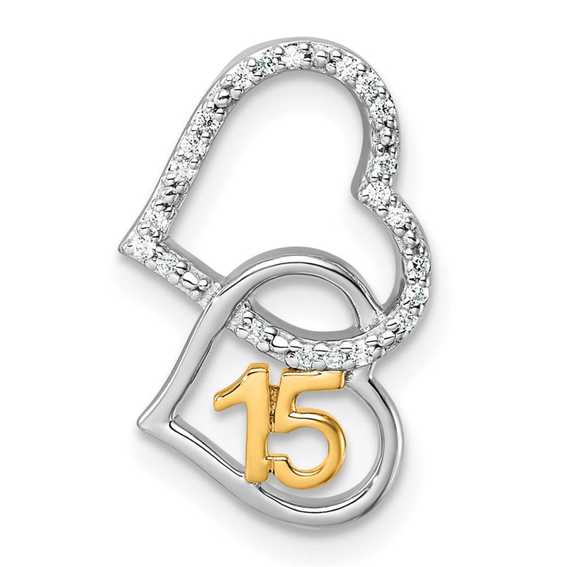 14K Bicolor Gold Bicolor Poliert 1/15 Karat Diamant Quinceañera 15 Doppelt Herz Kette Anhänger
