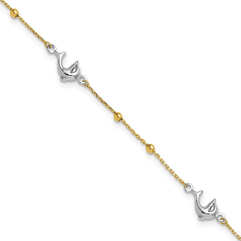 14K Bicolor Gold Bicolor Perlen und Drei Dolphins 9 Zoll Plus 1 Zoll Verlängerung - Total 10 Zoll Fußkettchen