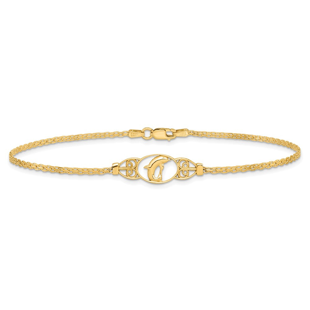 14K Gelbgold Poliert Delfin und Filigran Bismark Kette Fußkettchen