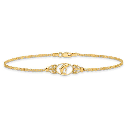14K Gelbgold Poliert Delfin und Filigran Bismark Kette Fußkettchen