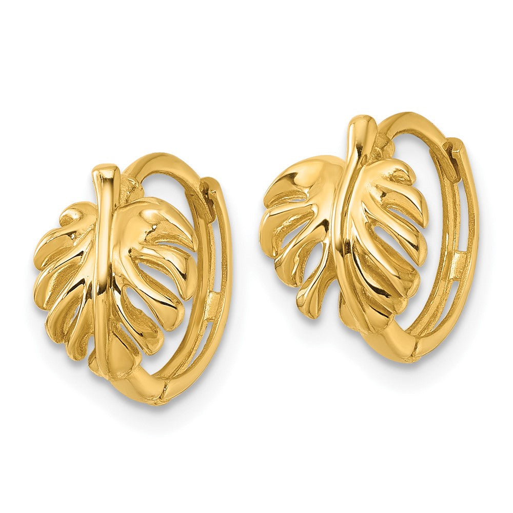 14K Gelbgold Poliert Monstera Blatt Rund Klappbar Creolen
