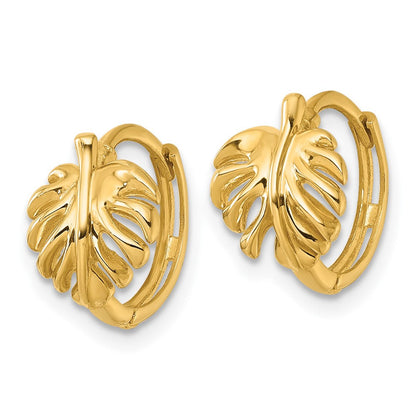 14K Gelbgold Poliert Monstera Blatt Rund Klappbar Creolen