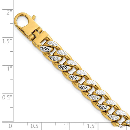 14K Gelbgold mit Rhodium Pavé Strukturiert 8.5mm Flach Panzer Kette Herren Armband
