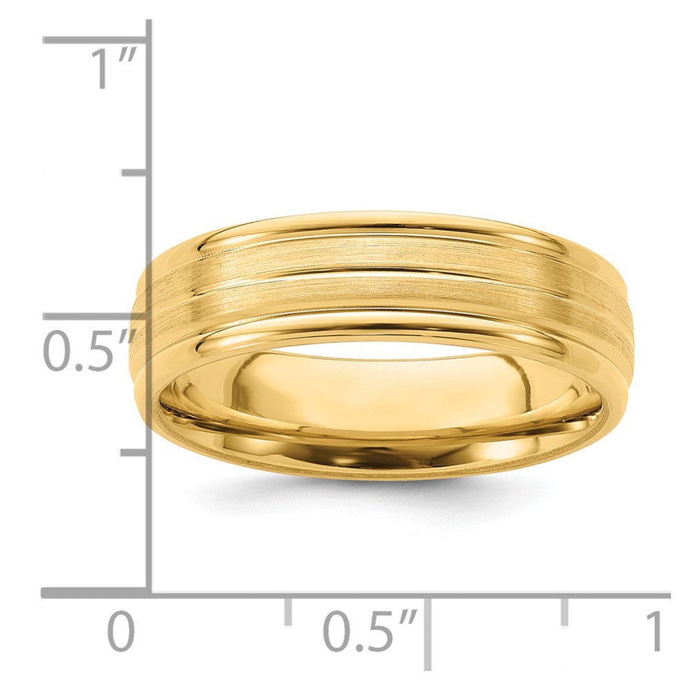 14K Gelbgold 6 mm Ehering mit Standardgewicht, Komfort-Passform, gebürstet-satiniert mit mittiger Linienverzierung