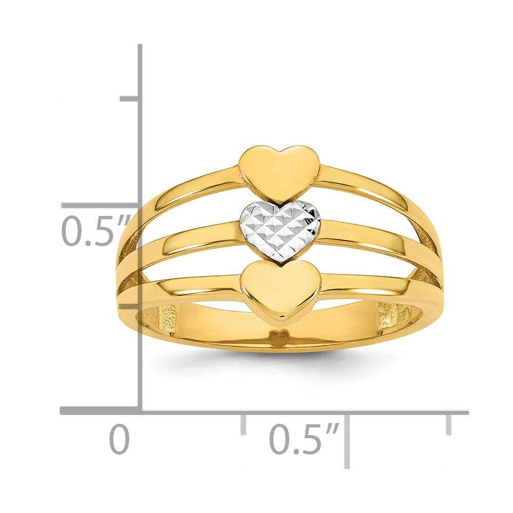 14K Gelbgold mit Rhodium, poliert und diamantiert, Drei Herzen, Größe 7, Ring