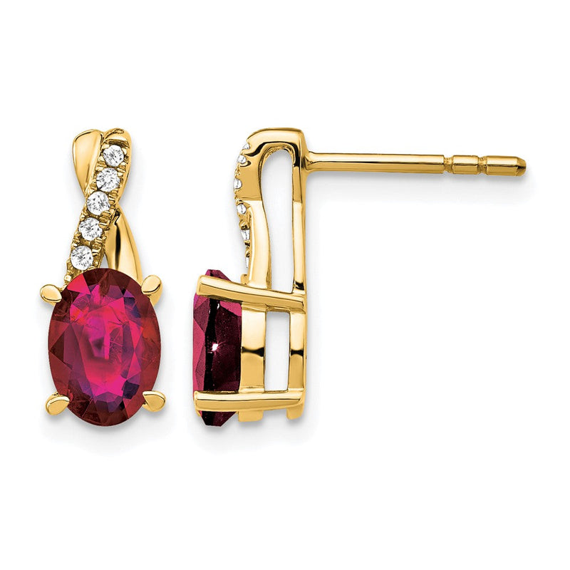 14K Gelbgold Ohrstecker mit 7x5 ovalem Juli-Geburtsstein/synthetischem Rubin und Diamanten