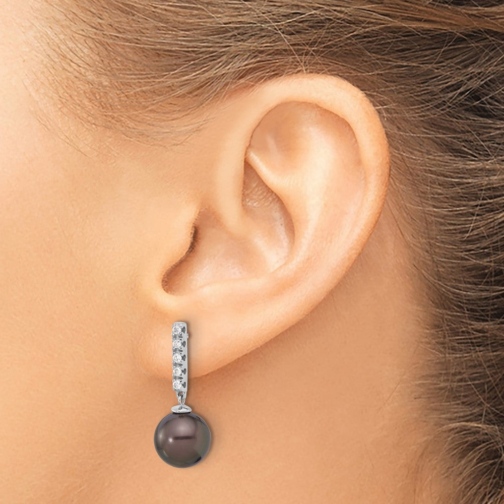 14K Weißgold 9-10mm Schwarz Rund Tahitian Salzwasser Zuchtperle Und.20c Karat Diamant Stecker Ohrhänger