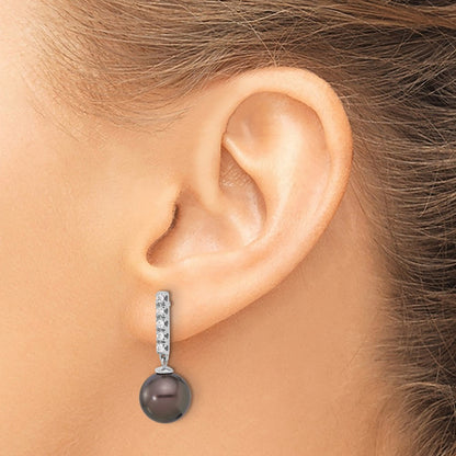 14K Weißgold 9-10mm Schwarz Rund Tahitian Salzwasser Zuchtperle Und.20c Karat Diamant Stecker Ohrhänger