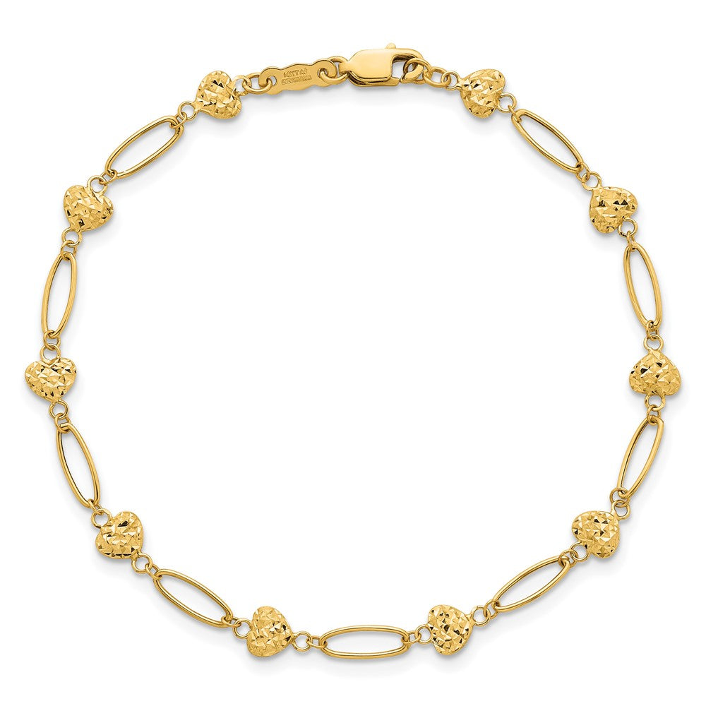 14K Gelbgold Poliert Oval Knöpfe mit Diamantiert Gewölbt Herzen 7.5 Zoll Armband