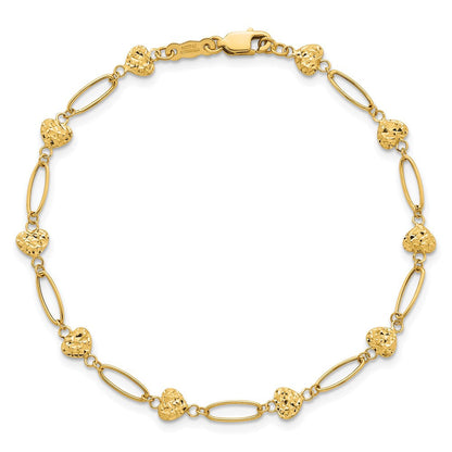 14K Gelbgold Poliert Oval Knöpfe mit Diamantiert Gewölbt Herzen 7.5 Zoll Armband