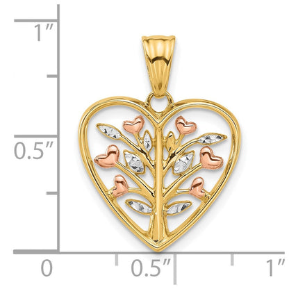 14K Gelbgold-plattierter und rhodinierter Diamantgeschliffener Baum-in-Herz-Anhänger