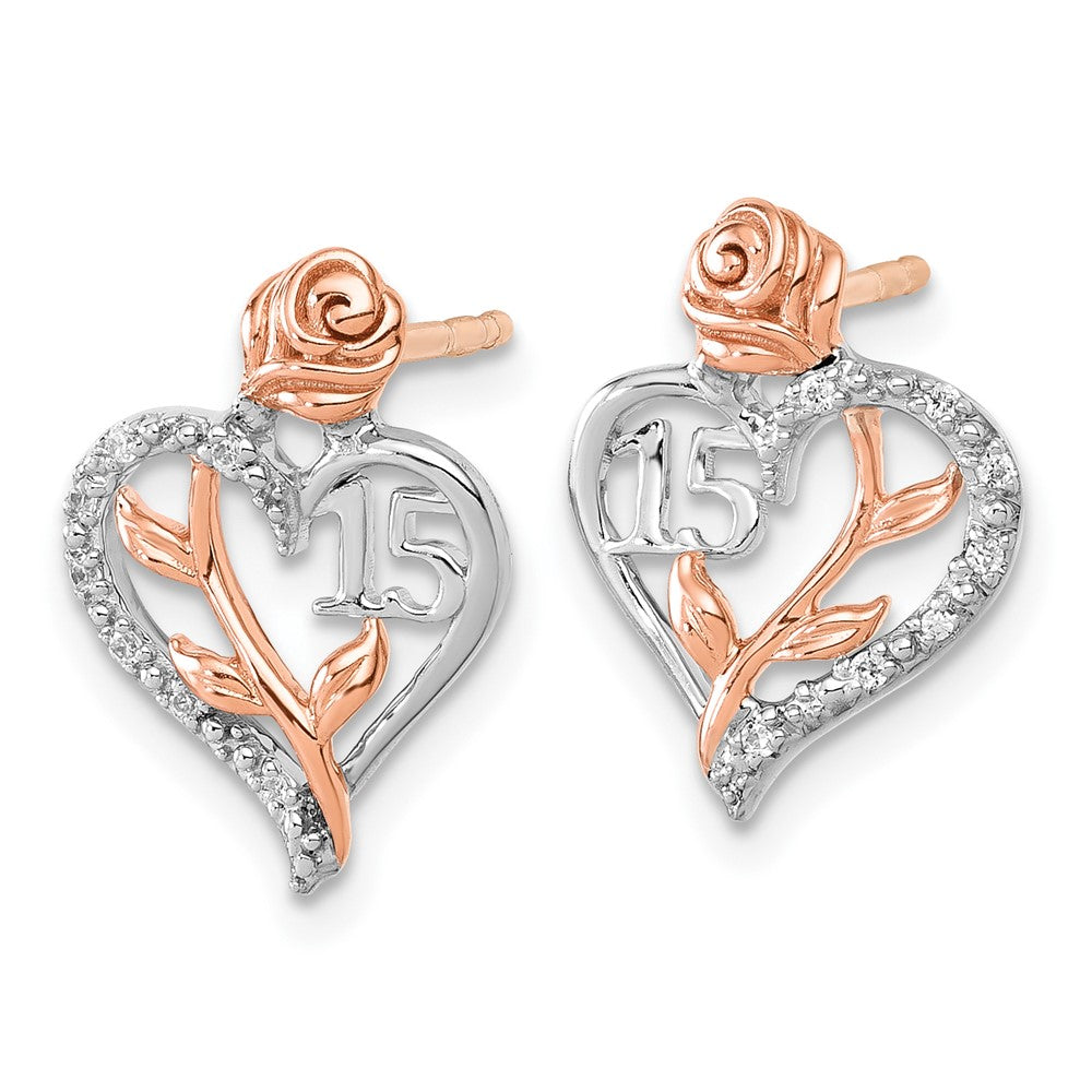 14K Weiß- und Roségold Diamant-Herz-Ohrstecker "Quinceañera 15" mit 0,05K