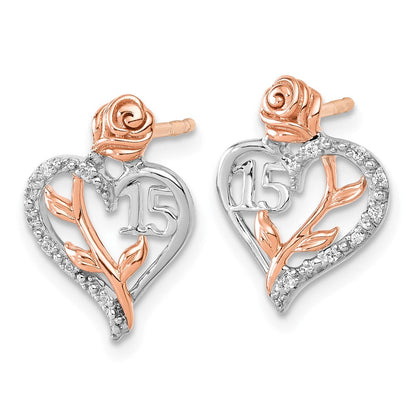 14K Weiß- und Roségold Diamant-Herz-Ohrstecker "Quinceañera 15" mit 0,05K