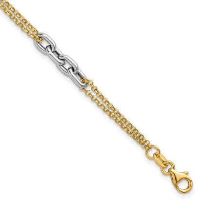 14K Bicolor Gold Poliert Fantasie Oval Glieder und Doppelt Strang Kette 7.25 Zoll mit 1 Zoll Verlängerung Armband
