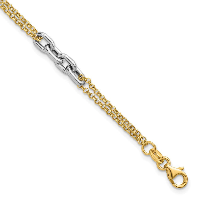 14K Bicolor Gold Poliert Fantasie Oval Glieder und Doppelt Strang Kette 7.25 Zoll mit 1 Zoll Verlängerung Armband