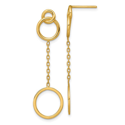 14K Gelbgold Poliert 2 Kreise und Kette Hängend Ohrstecker