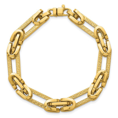 14K Gelbgold Poliert und Strukturiert 7.6mm Fantasie Greek Key Design Oval Glieder 7.25 Zoll Armband