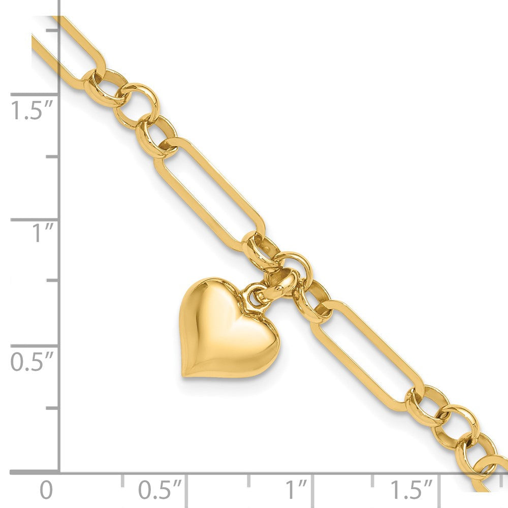 14K Gelbgold Poliert Gewölbt Herz Charm Hängend Figaro Glieder 7.5 Zoll Armband