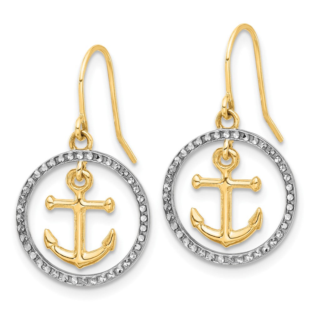 14K Gelbgold und Rhodium Diamantiert Anker Hängend in Kreis Ohrhänger