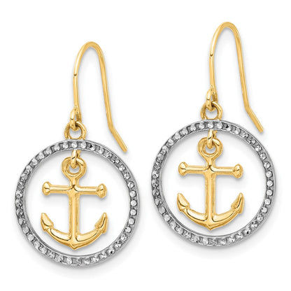 14K Gelbgold und Rhodium Diamantiert Anker Hängend in Kreis Ohrhänger
