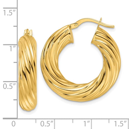 14K Gelbgold Poliert Gedreht 6mm Hohl Rund Creolen