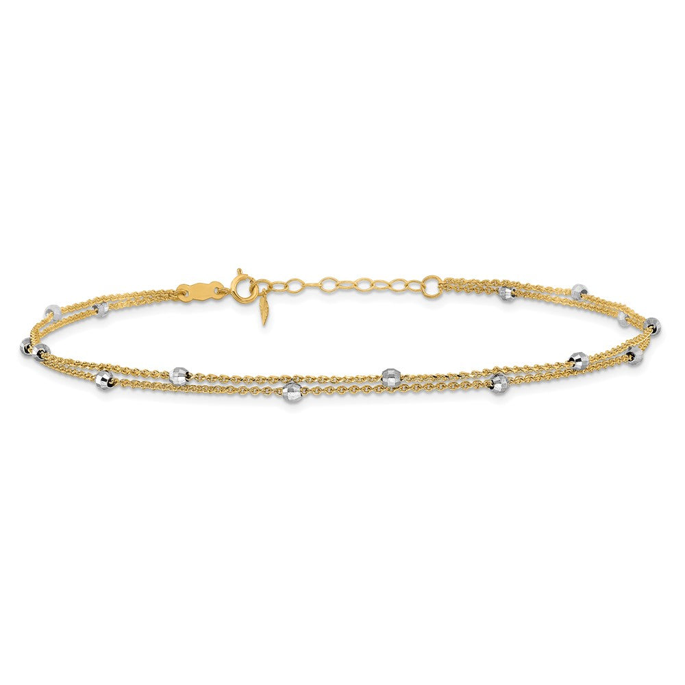 14K Bicolor Gold Bicolor 2-strand Kette mit Mirror Perlen 9 Zoll Plus 1 Zoll Verlängerung - Total 10 Zoll Fußkettchen