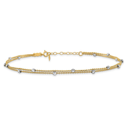 14K Bicolor Gold Bicolor 2-strand Kette mit Mirror Perlen 9 Zoll Plus 1 Zoll Verlängerung - Total 10 Zoll Fußkettchen