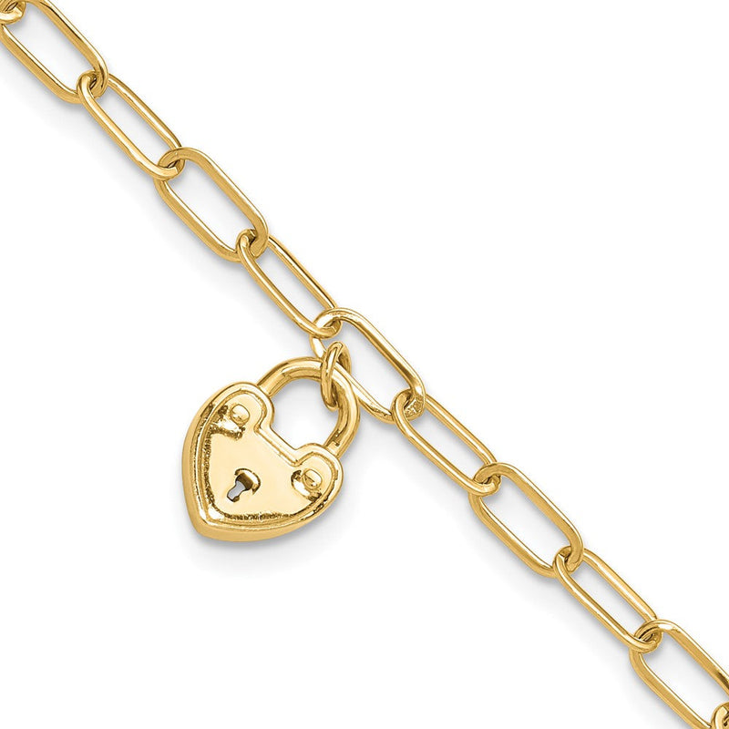 14K Gelbgold Poliert Herz Schloss Charm Büroklammer Glieder 7.5 Zoll Armband