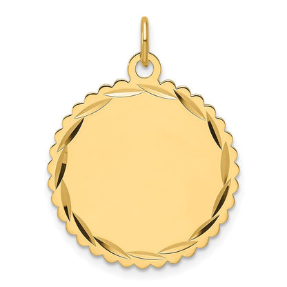 14K Gelbgold Geätzt Kante Gravierbar Rund Gewellt 21.5mm Plättchen Charm