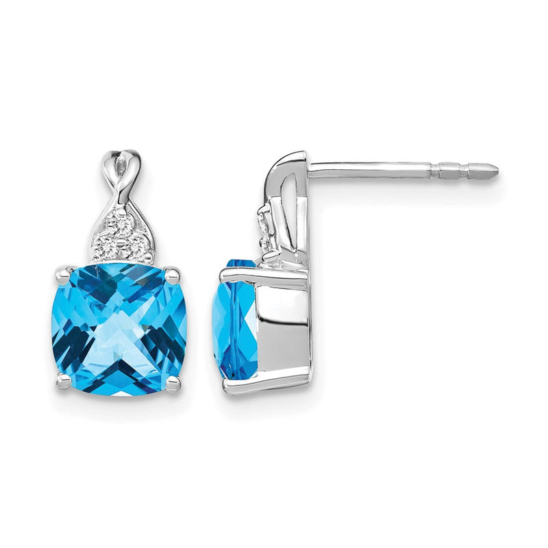 14K Weißgold Ohrstecker mit 7 mm Kissenschliff-Schachbrettmuster Dezember-Blautopas und Diamanten