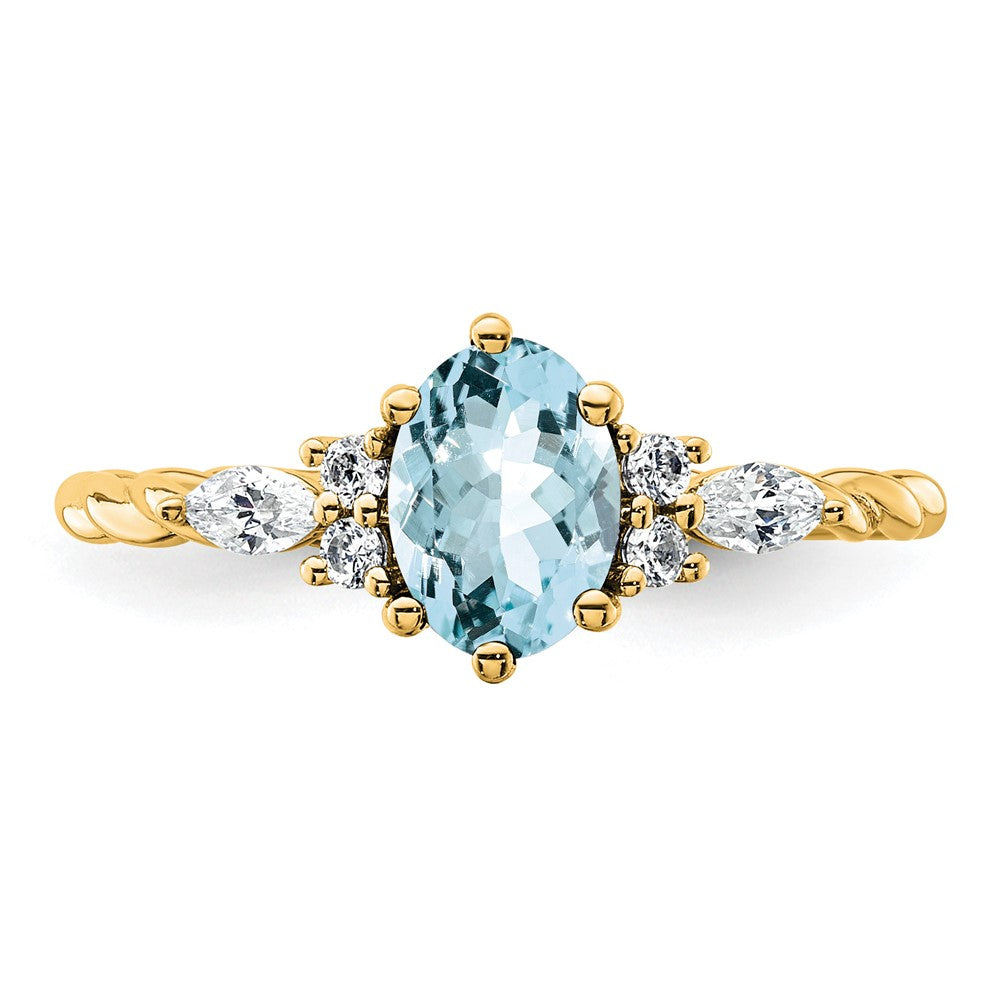 14K Gelbgold Ring mit Diamanten und 7x5 ovalem März-/Aquamarin, Größe 7, gedreht