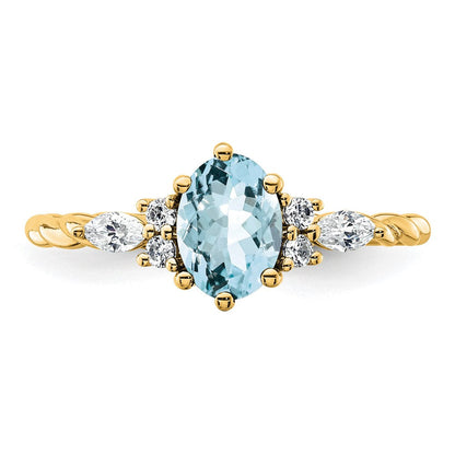 14K Gelbgold Ring mit Diamanten und 7x5 ovalem März-/Aquamarin, Größe 7, gedreht