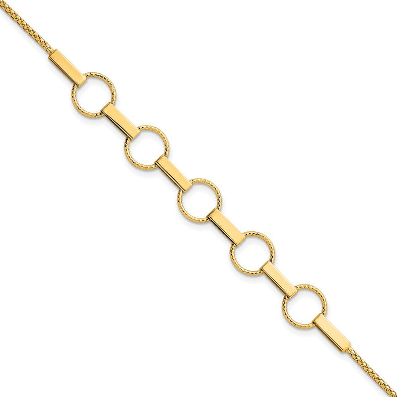 14K Gelbgold Poliert und Strukturiert Kreise und Bars 7.5 Zoll Armband
