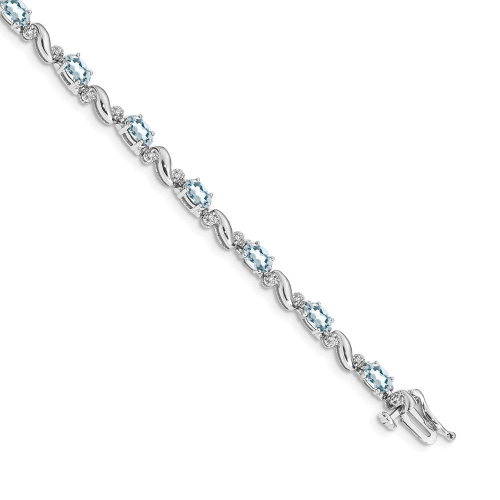 14K Weißgold Komplett Diamant und Oval Aquamarin Gebogen Glieder 7 Zoll Armband