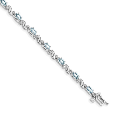 14K Weißgold Komplett Diamant und Oval Aquamarin Gebogen Glieder 7 Zoll Armband